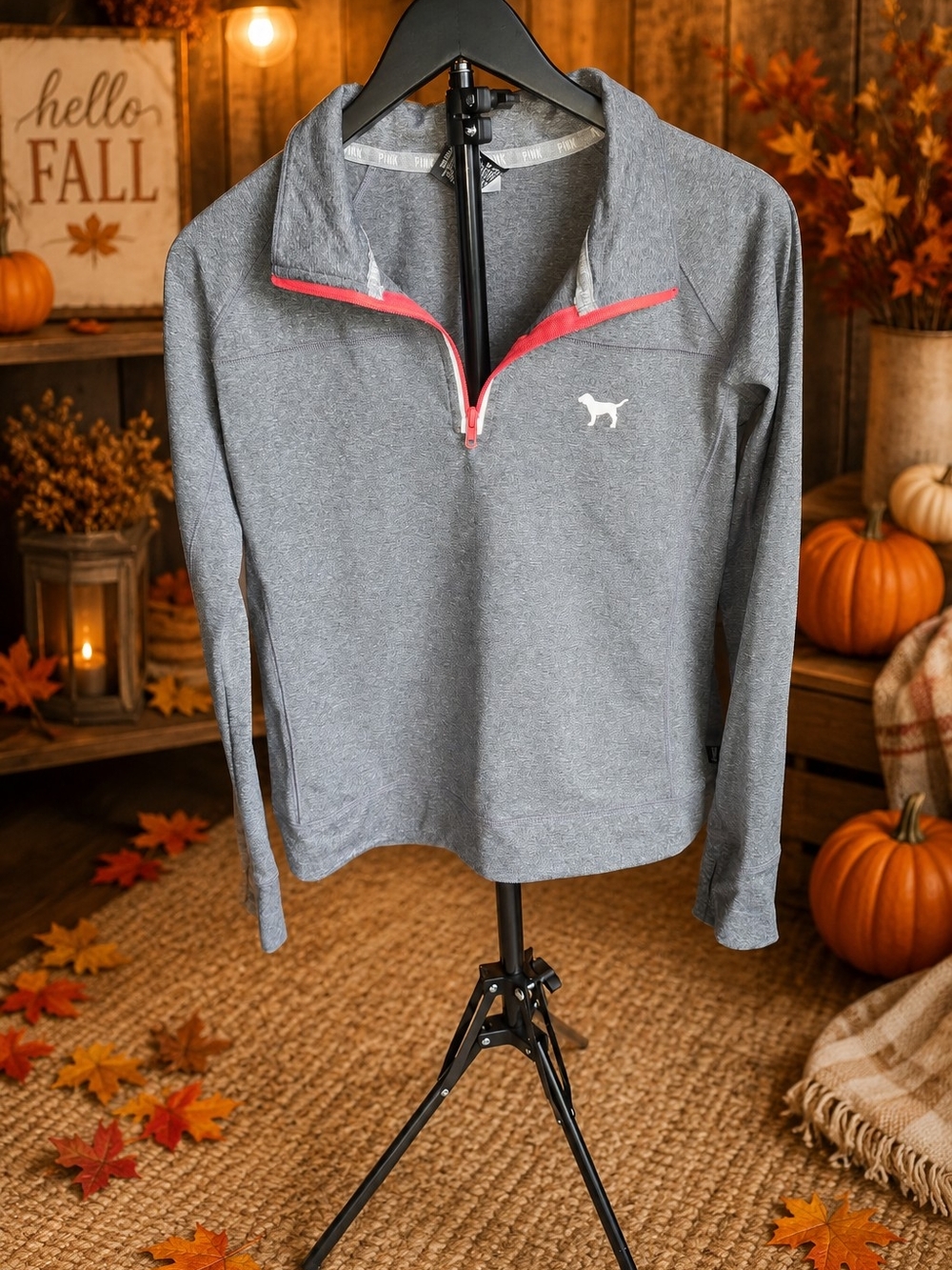 PINK Victoria's Secret Men's Gray Quarter-Zip Sweater with Pink Trim